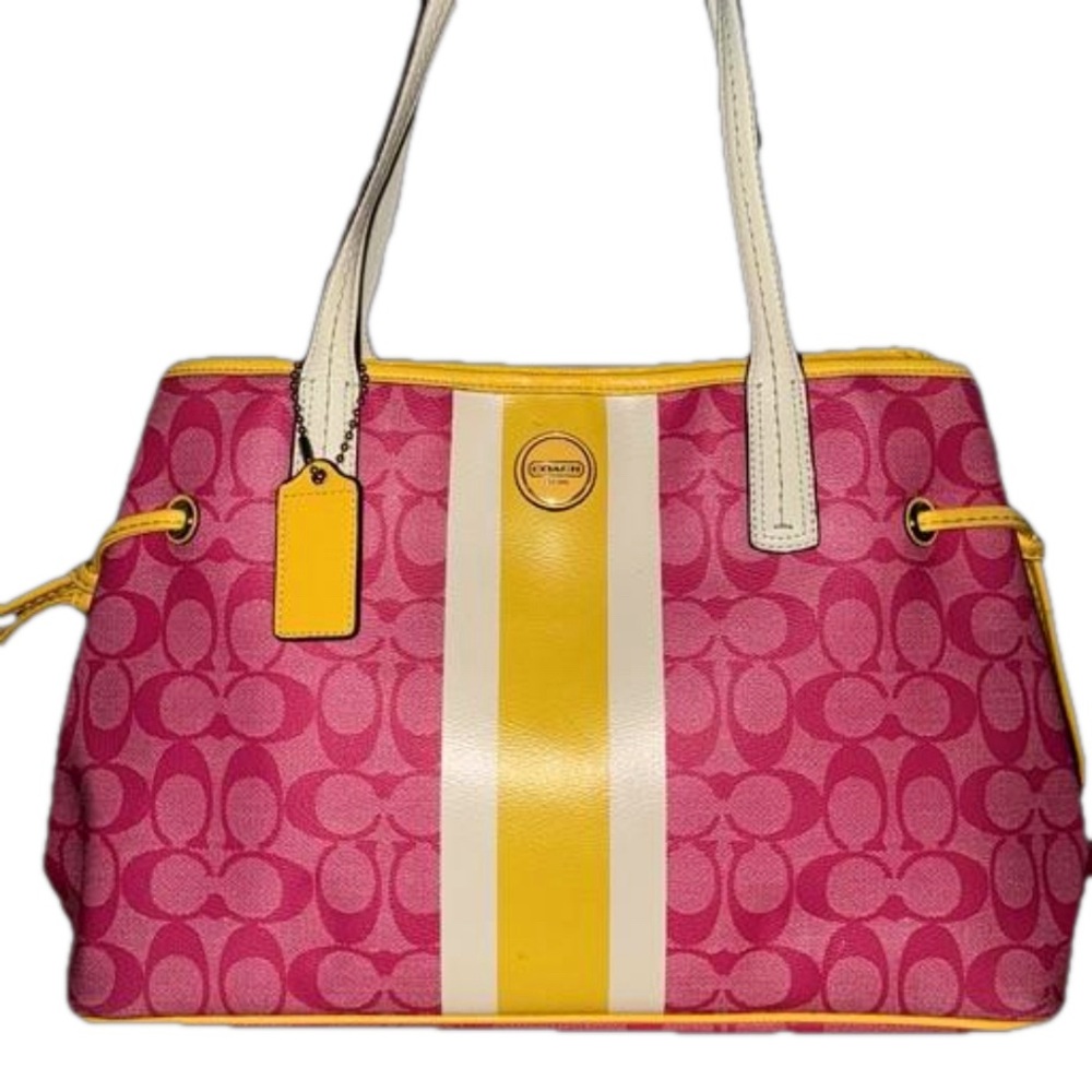 Coach Signature Stripe Legacy Pink and Yellow Tote, Hand Bag, Carryall F22908